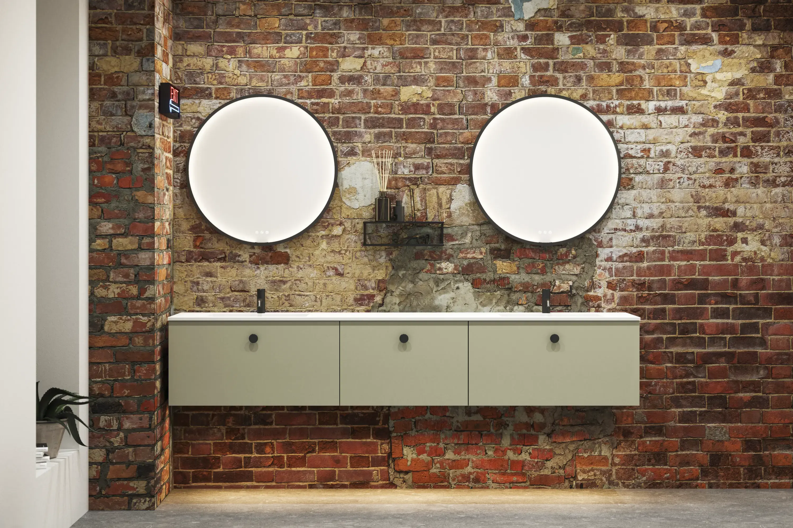 Rått och modernt badrum i urban stil. Vackra tvättställsskåp och runda speglar med svarta kanter