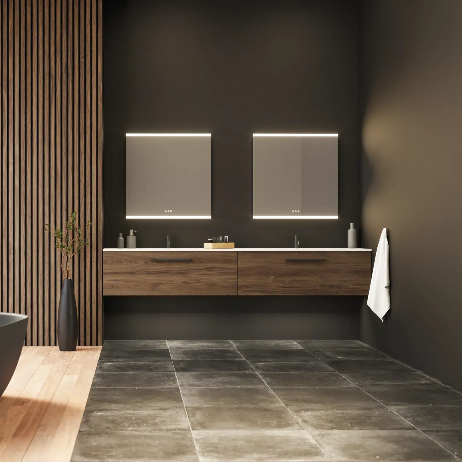 Stor badrumsinspiration med tvättställsskåp och trälameller i brun ek, fristående badkar, och fyrkantiga speglar med ljus, elegant dubbeltvättställ ger ett modernt och symmetriskt utseende